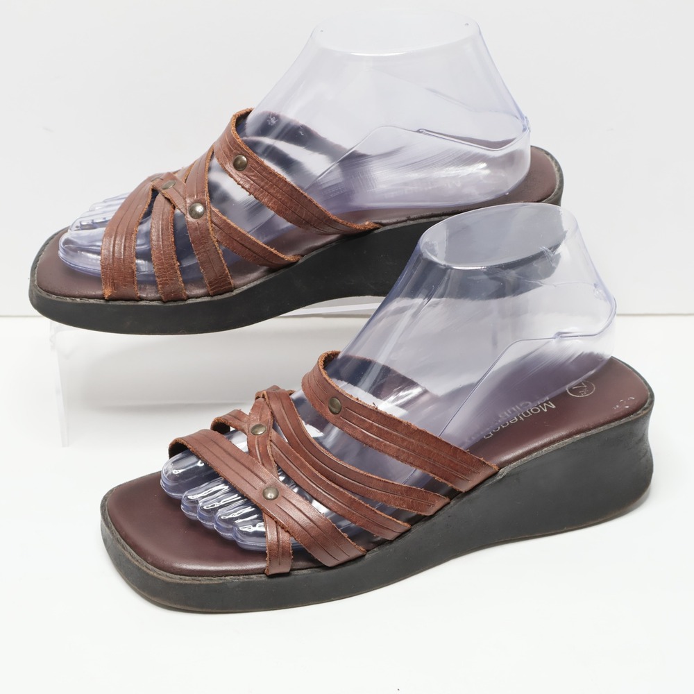 Montego Bay Club Womens 7.5‎ Brown Leather Strappy Wedge Platform Sandals 17 y2k